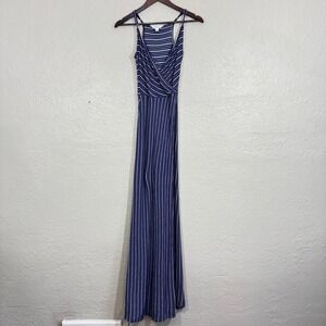 Market & Spruce Maxi Dress‎ XS Draped Surplice Navy Gray Stripe Resort Vacation